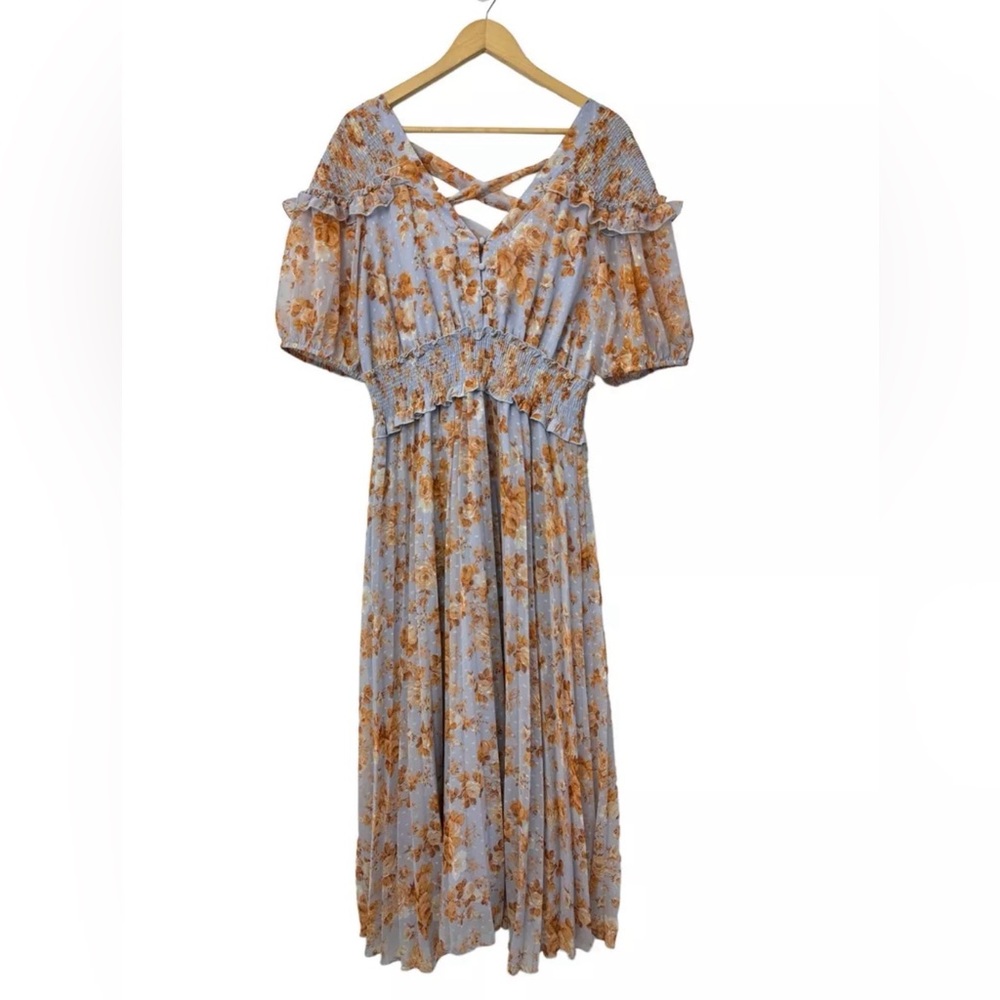 ASOS Designs Puff Sleeve Shirred Pleated Floral Midi Dress Size 12 Lace Up Back